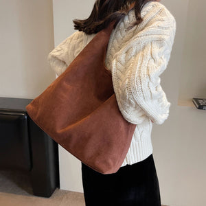 Solid Color Large Suede Shoulder Bag in Brown with shoulder strap