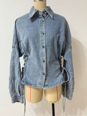 light blue denim jacket with washed and bishop sleeve