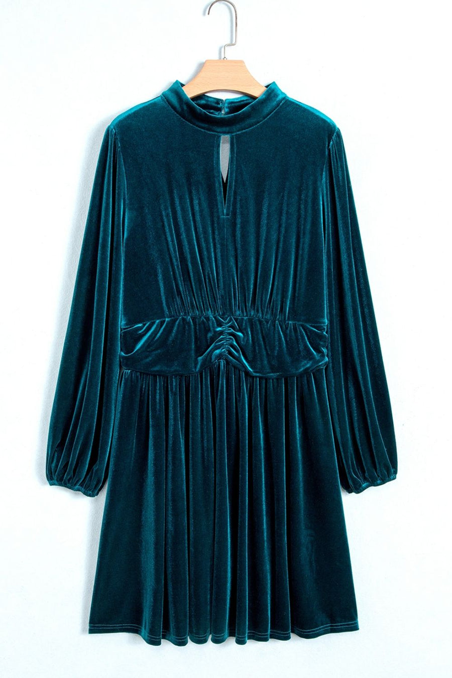emerald green mini dress with ruched and bishop sleeve