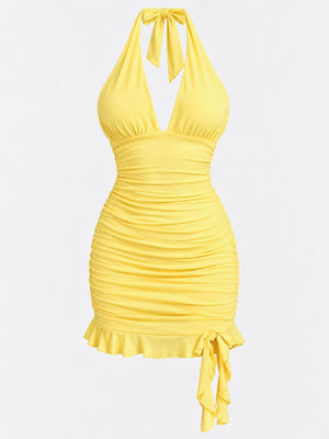 Mini Ruched Dress in Dragon Fruit with ruffled