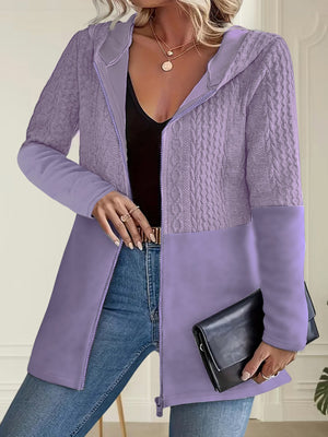 Purple zip hoodie with zip-front and cable knit