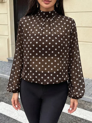 classic blouse in Coffee Brown with mock neck