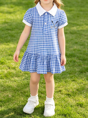 Baby dress with blue gingham, white polo collar, short sleeves, and ruffled hem.