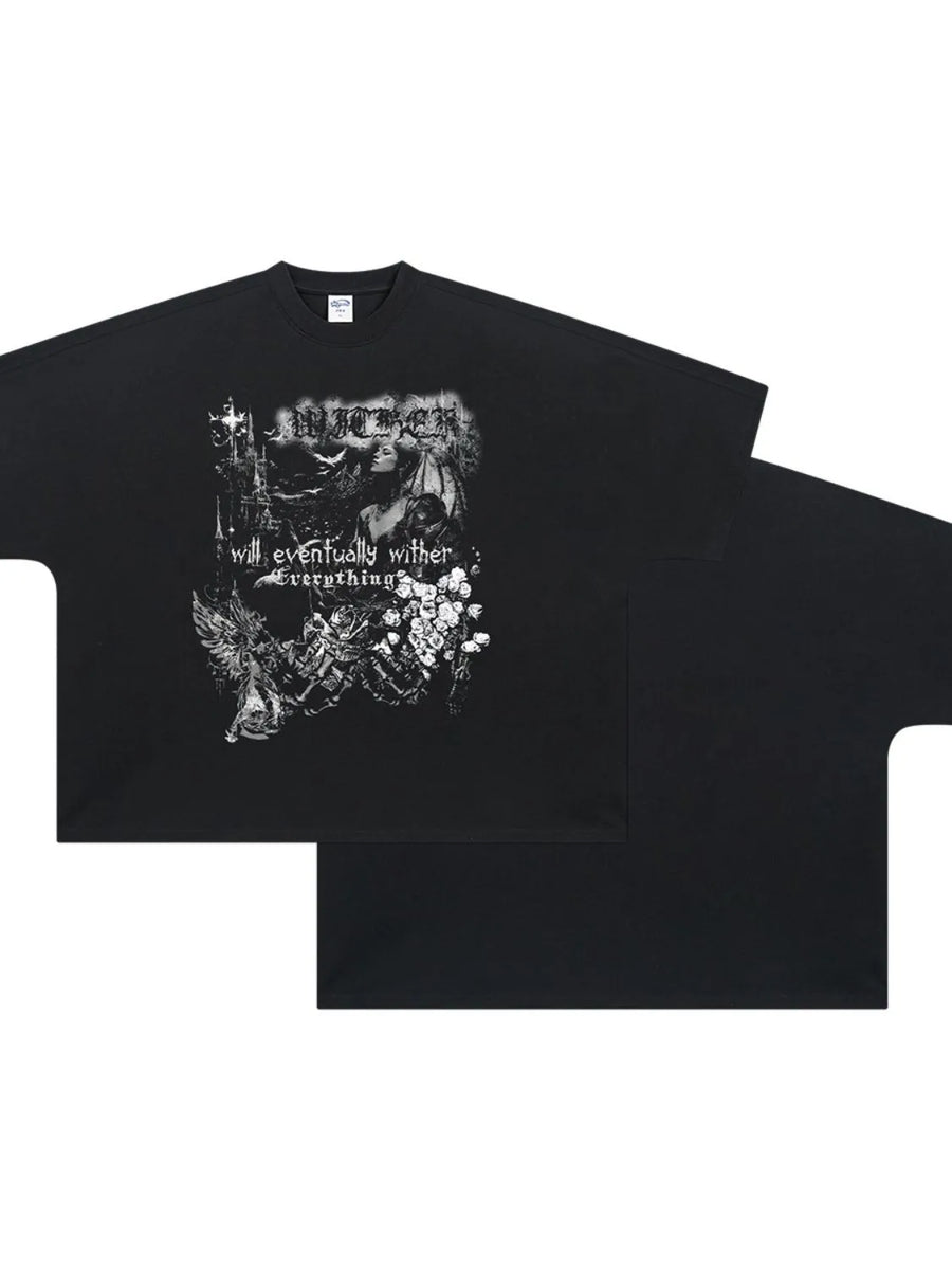 Black oversized graphic tee with gothic print and text.