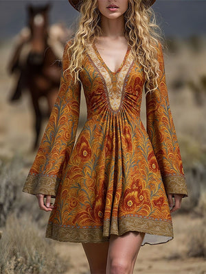 rust fit-and-flare dress with paisley and v-neck
