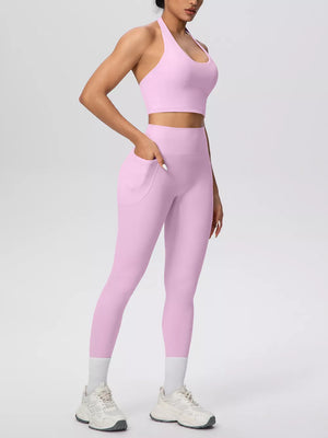 Halter Neck Crop Top And High-waisted Leggings Set in Cream