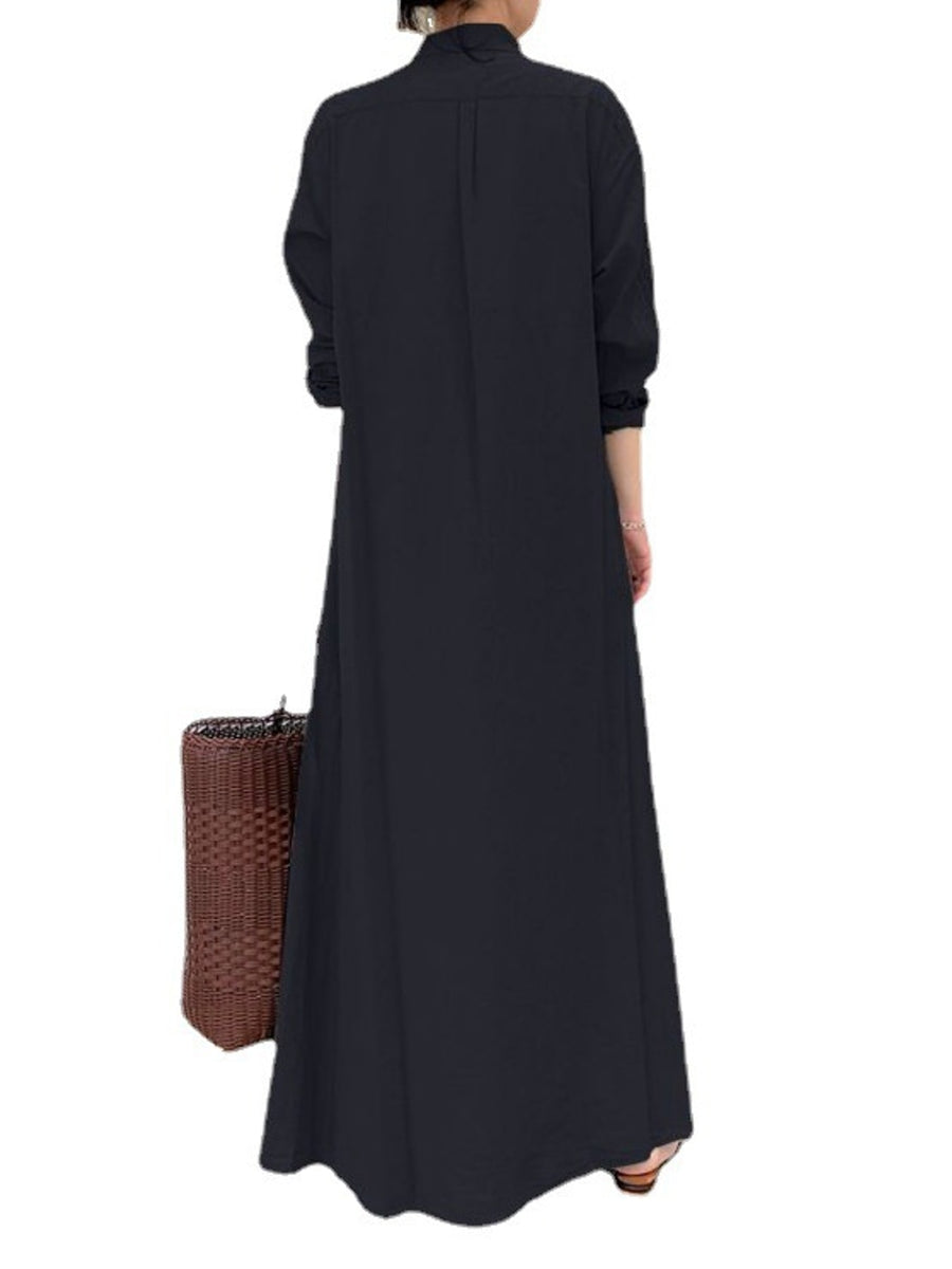 Button Front Long Sleeve Maxi Shirt Dress Plus Size in Apricot with pocketed