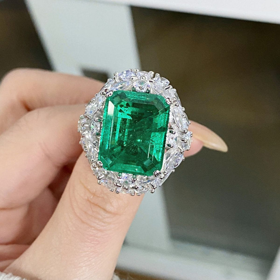 925 Sterling Silver Dark Green Zircon Ring in silver with emerald cut stone