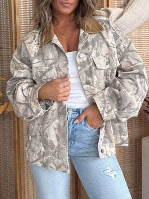 light gray denim jacket with camouflage and collared