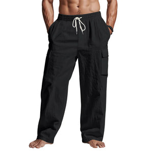Black relaxed-fit cargo pants with drawstring and side pockets.