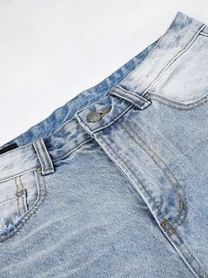 Men's High-waisted Distressed Denim Capris in light blue with distressed