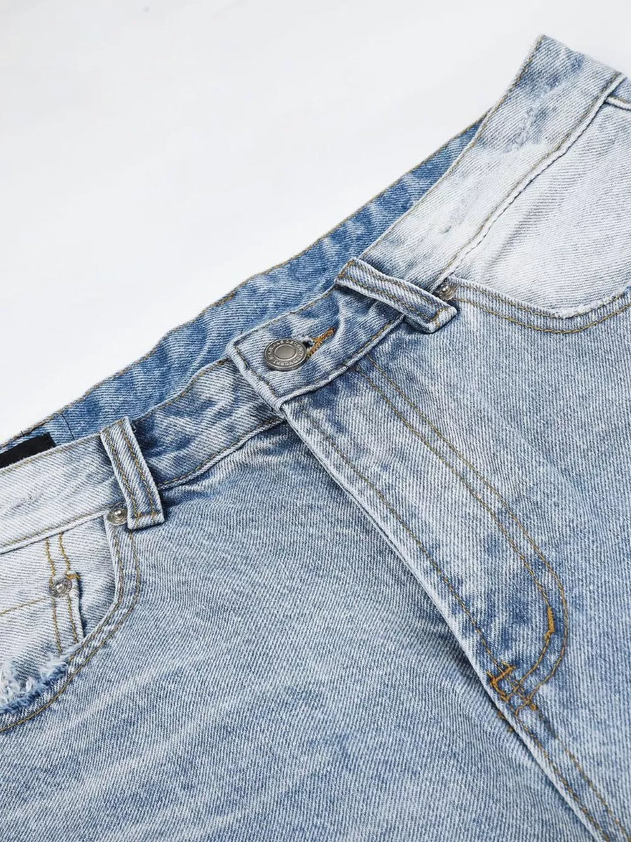 Men's High-waisted Distressed Denim Capris in light blue with distressed