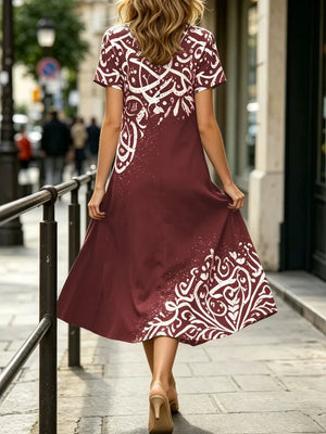 midi dress in navy blue with abstract-script and slit