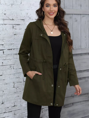 Army green hooded drawstring casual jacket with button details and pockets.