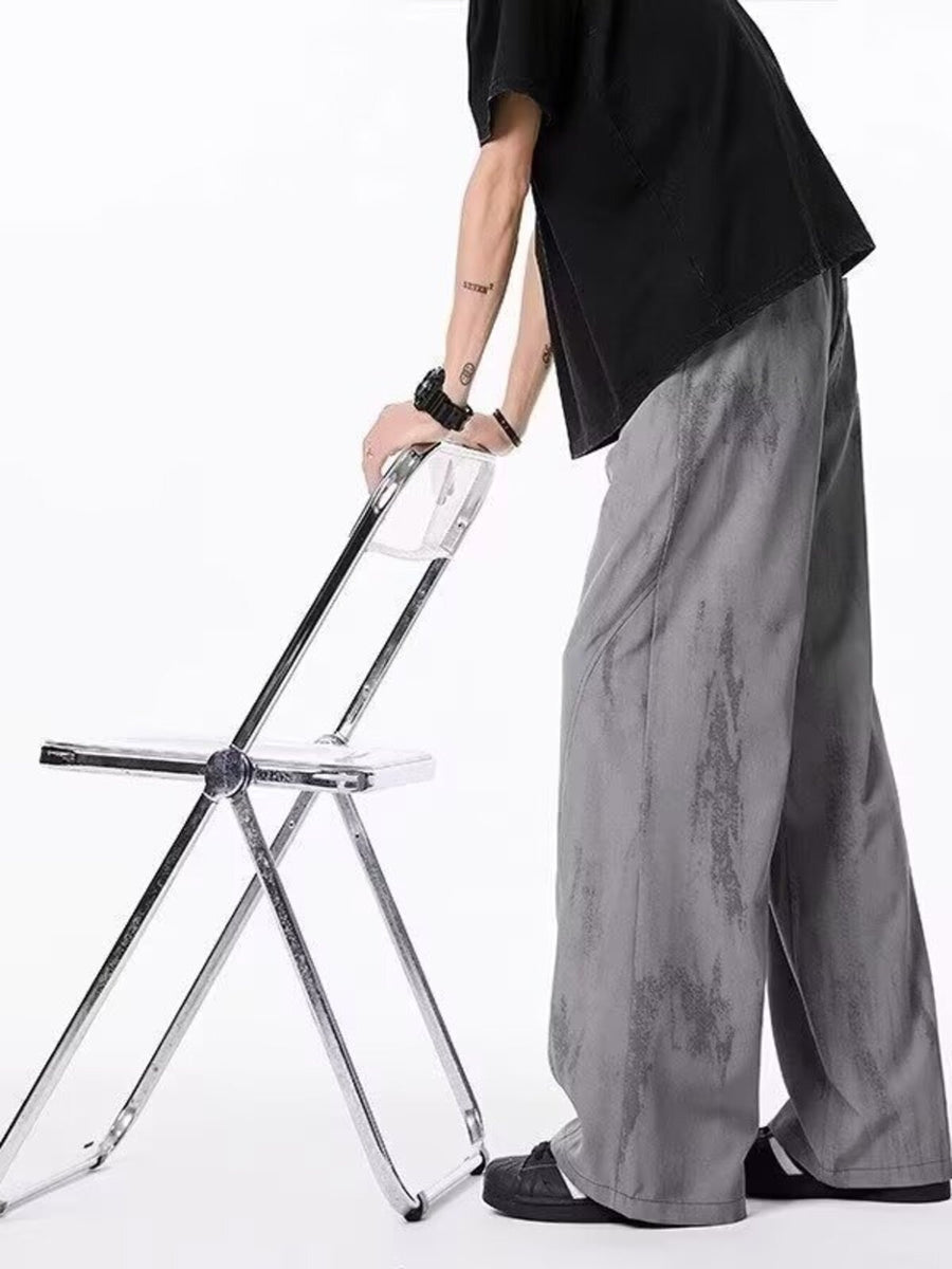 Gray wide-leg pants with full-length and drawstring