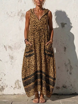 Green Sleeveless Hooded Leopard Print Maxi Dress