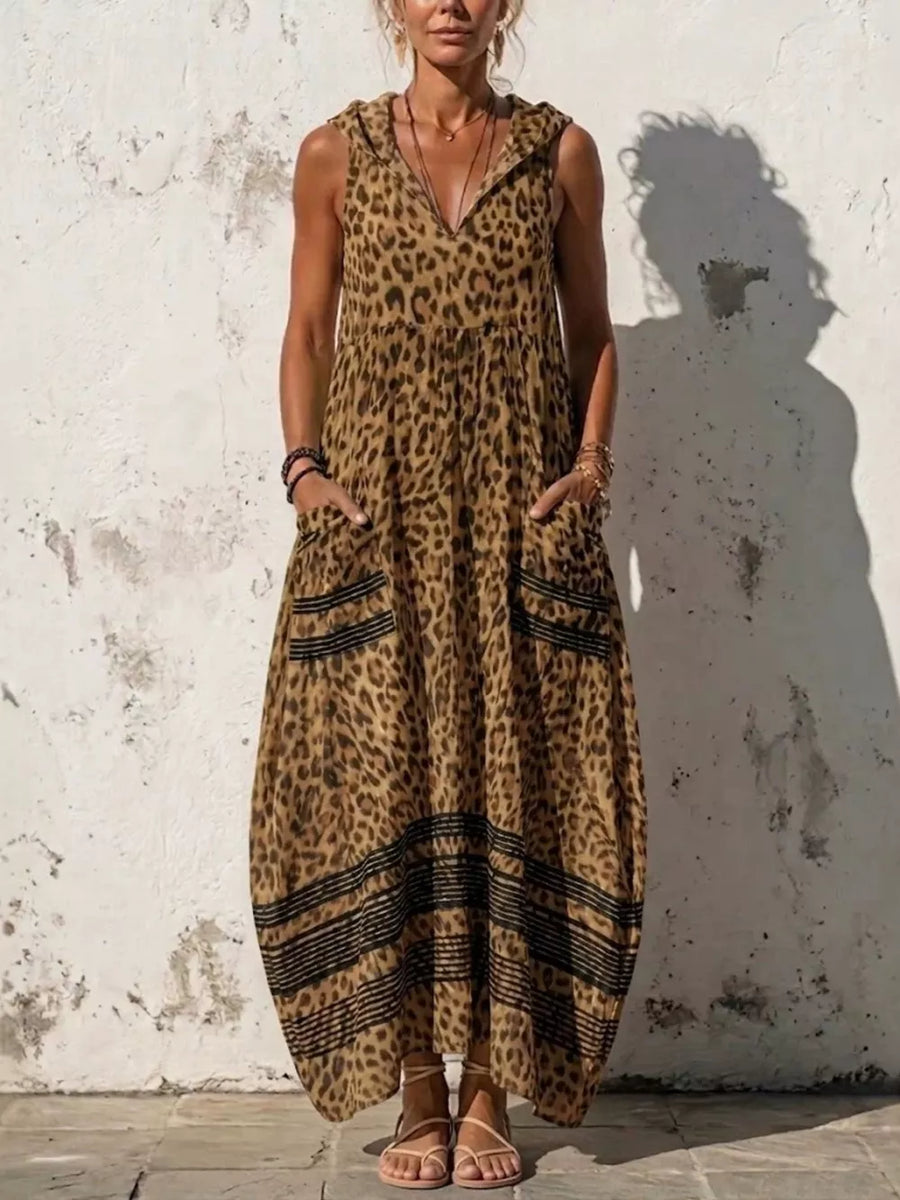 Green Sleeveless Hooded Leopard Print Maxi Dress