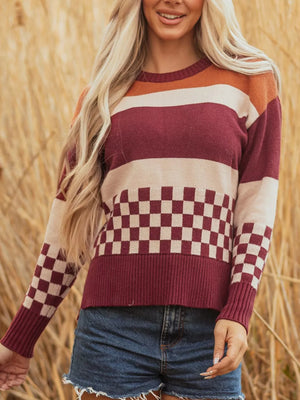 burgundy pullover sweater with striped, checked and crew neck