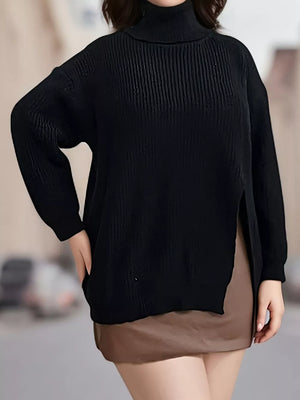 Black turtleneck sweater with hip-length and pullover