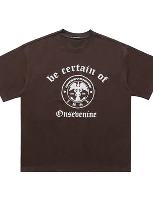 Brown cotton oversized graphic t-shirt with white text and emblem.