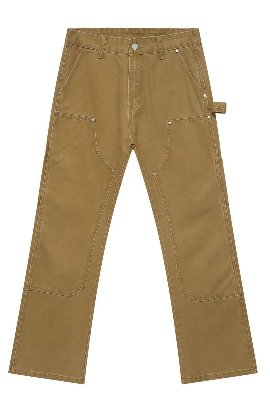 Camel wide leg carpenter trousers with utility pockets and reinforced knees.