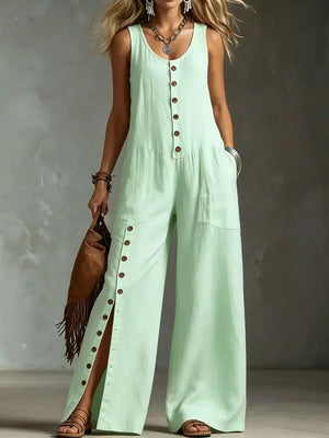 sky blue jumpsuit with buttoned and sleeveless