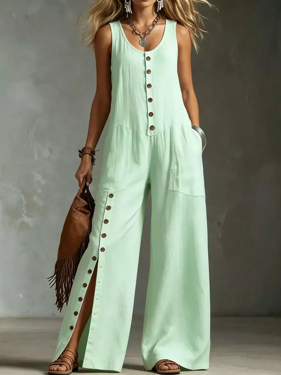 sky blue jumpsuit with buttoned and sleeveless