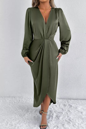 100% polyester Care instructions: Machine wash cold midi dress in Moss with A-line silhouette