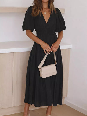 Elegant Puff Sleeve V-neck Midi Dress in Black