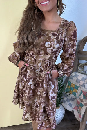 Brown with Abstract Floral Print Square Neck Mini Dress in Brown