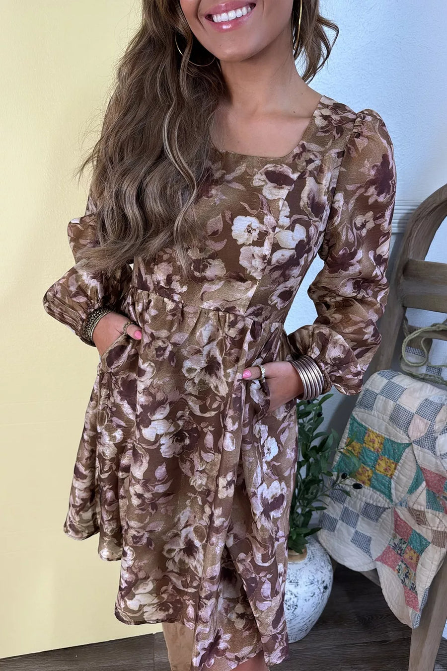 Brown with Abstract Floral Print Square Neck Mini Dress in Brown