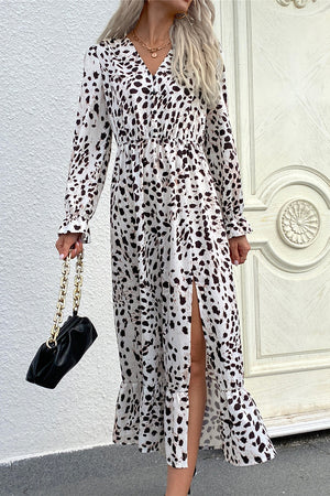 ivory midi dress with slit and long sleeve