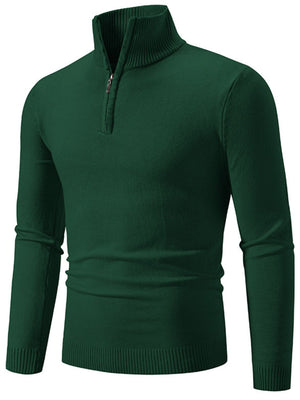Green quarter zip sweater with ribbed collar and cuffs