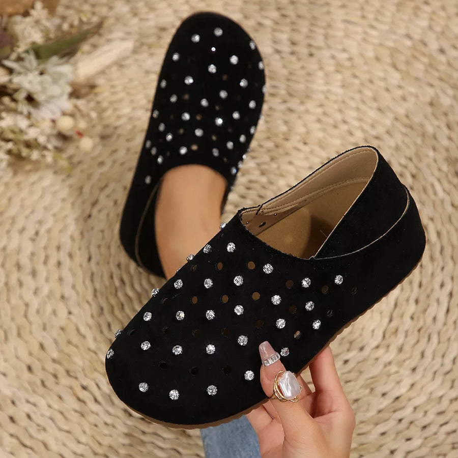Rhinestone Round Toe Slip-ons in Camel with rhinestone embellishment