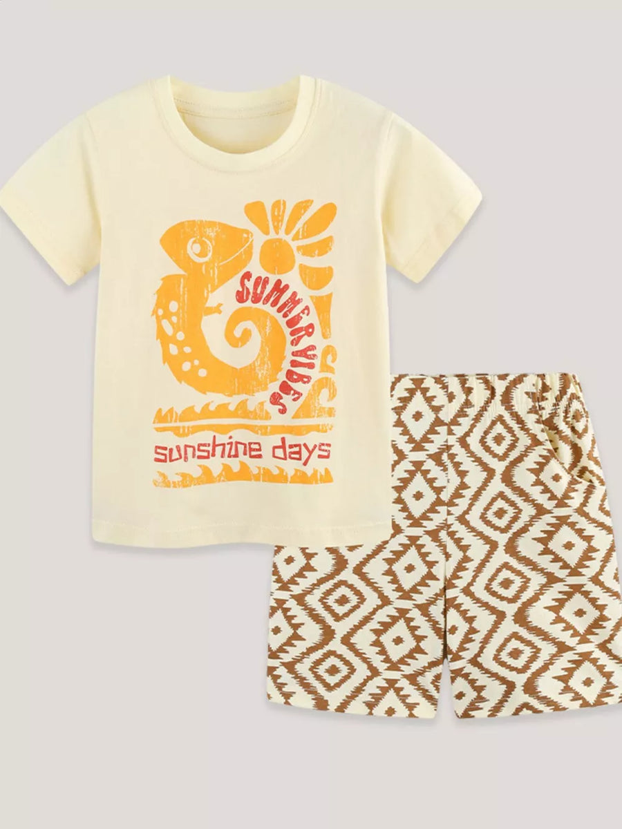 Baby boys' cream cotton graphic tee with lizard and sun print, paired with brown geometric print shorts.