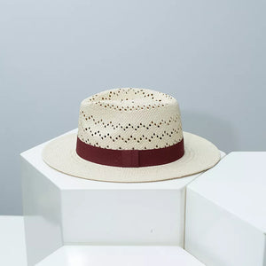 Straw boater hat in natural with burgundy ribbon band and open weave detail