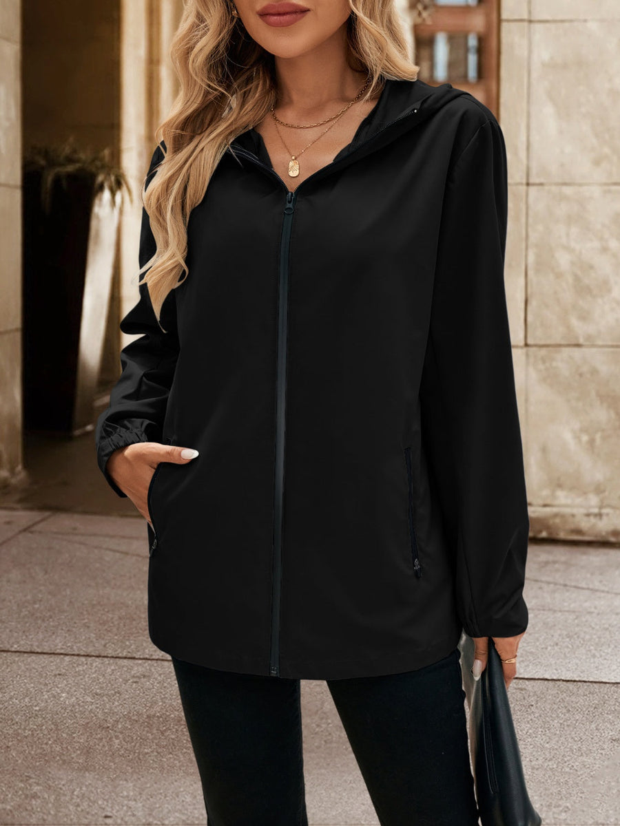 Black zip-through hooded track jacket with zippered pockets.