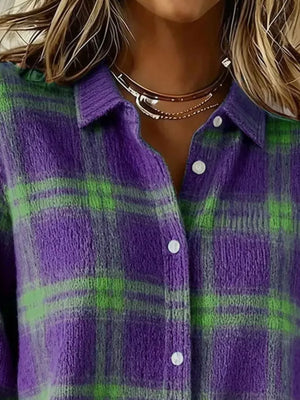 cardigan in Blue with plaid and ribbed