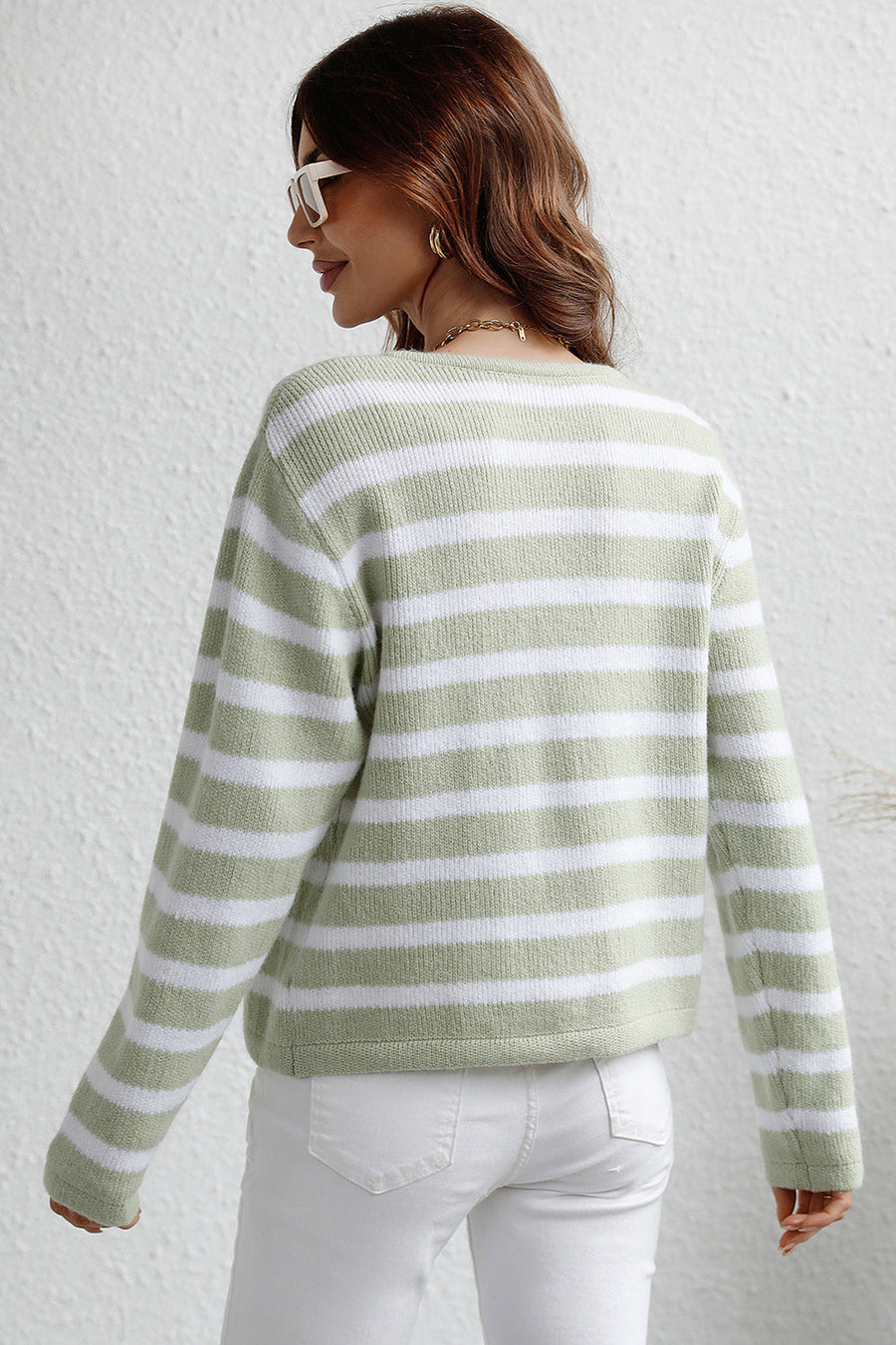 Light green and white striped acrylic knit cardigan with gold buttons