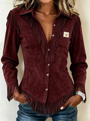Maroon suede fringe western shirt with long sleeves