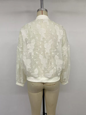 ivory bomber jacket with zip-front and jacquard