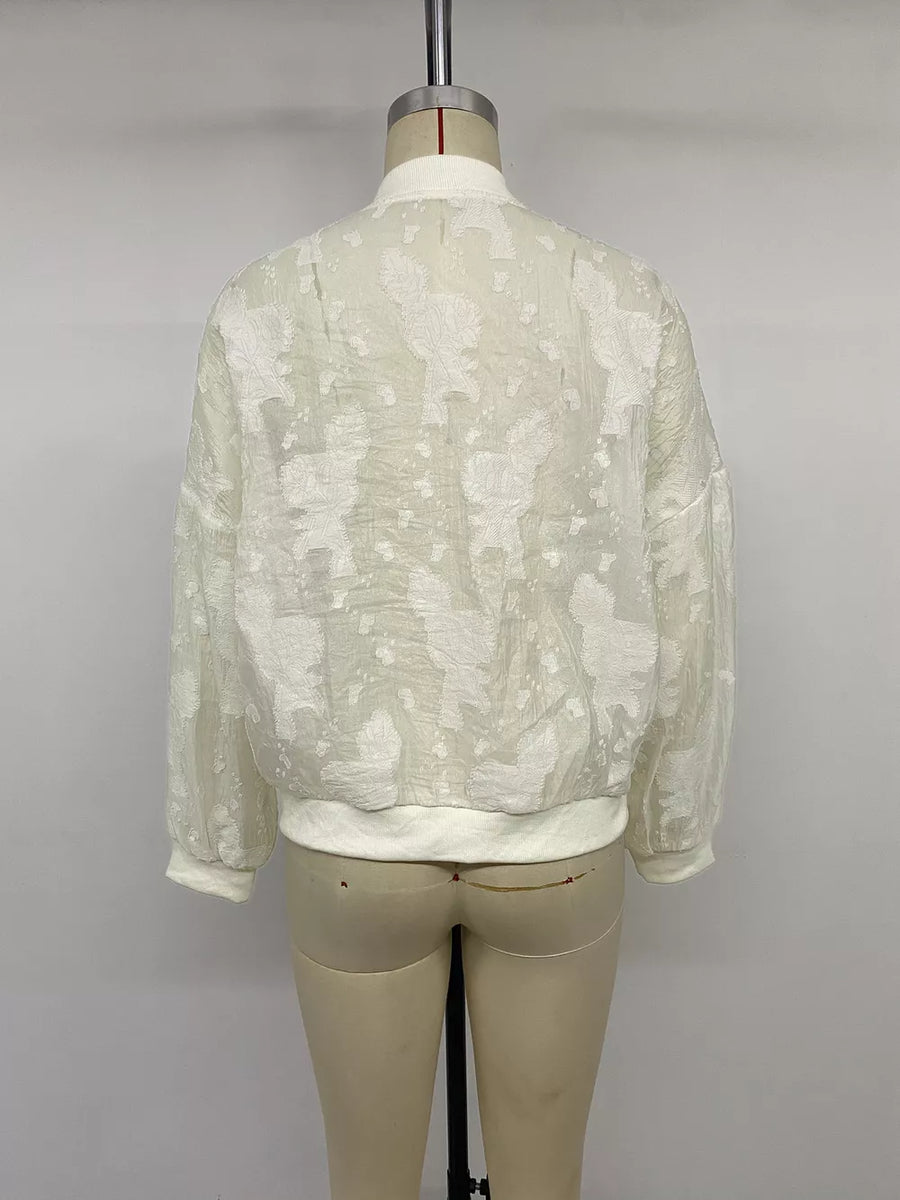 ivory bomber jacket with zip-front and jacquard