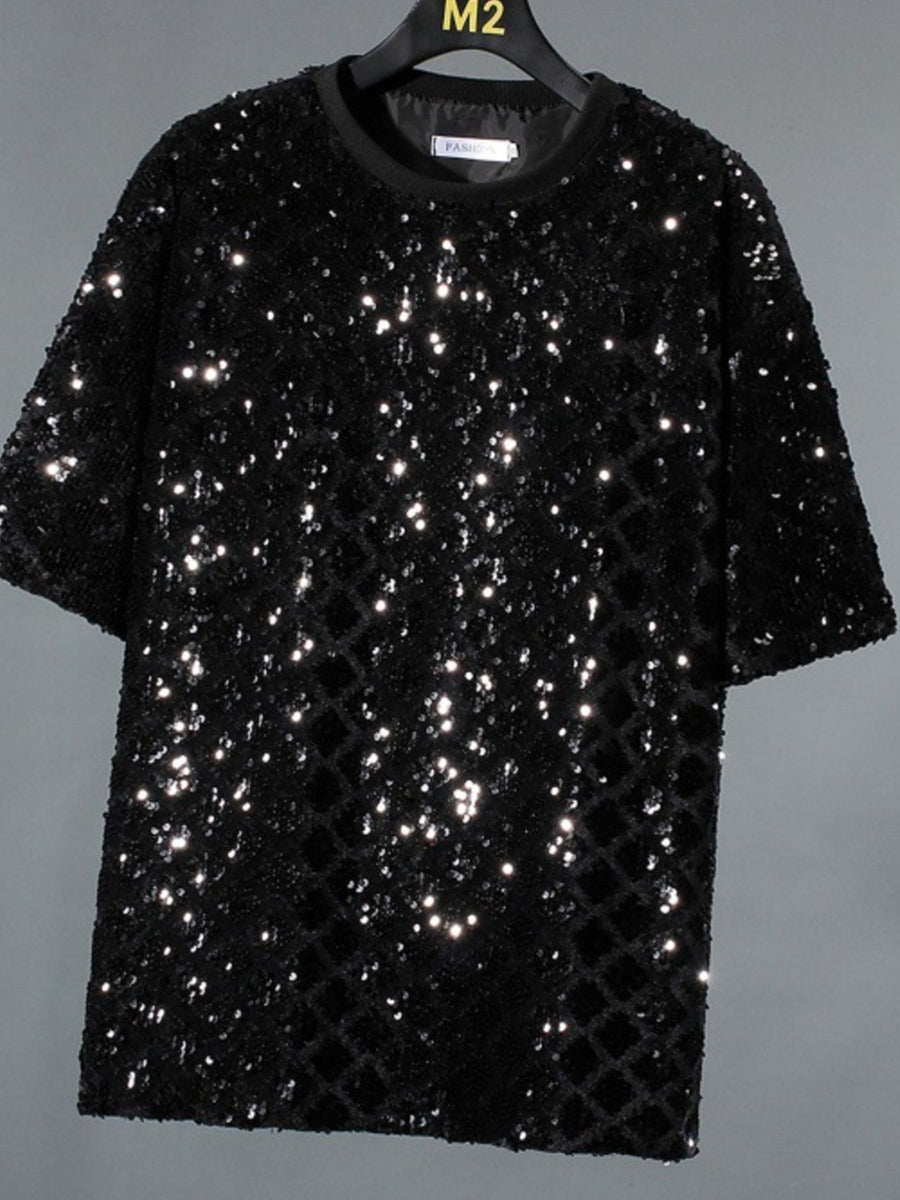 Men's black sequin round neck t-shirt with all-over sparkle and diamond pattern detail.