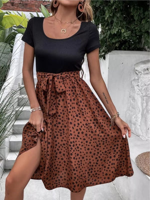 black midi dress with leopard and scoop neck