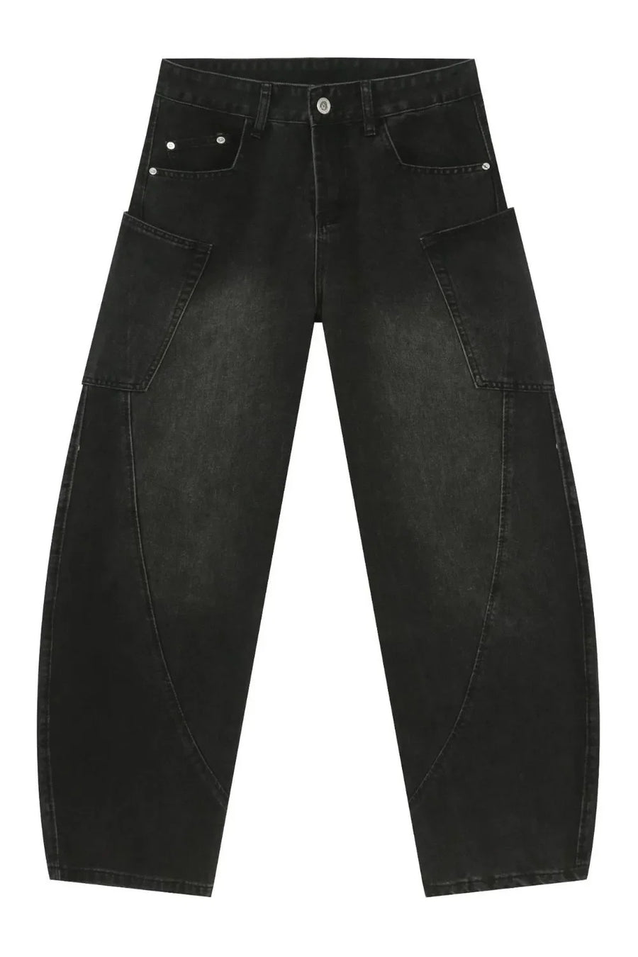 Black denim baggy trousers with unique paneling and cargo pockets.