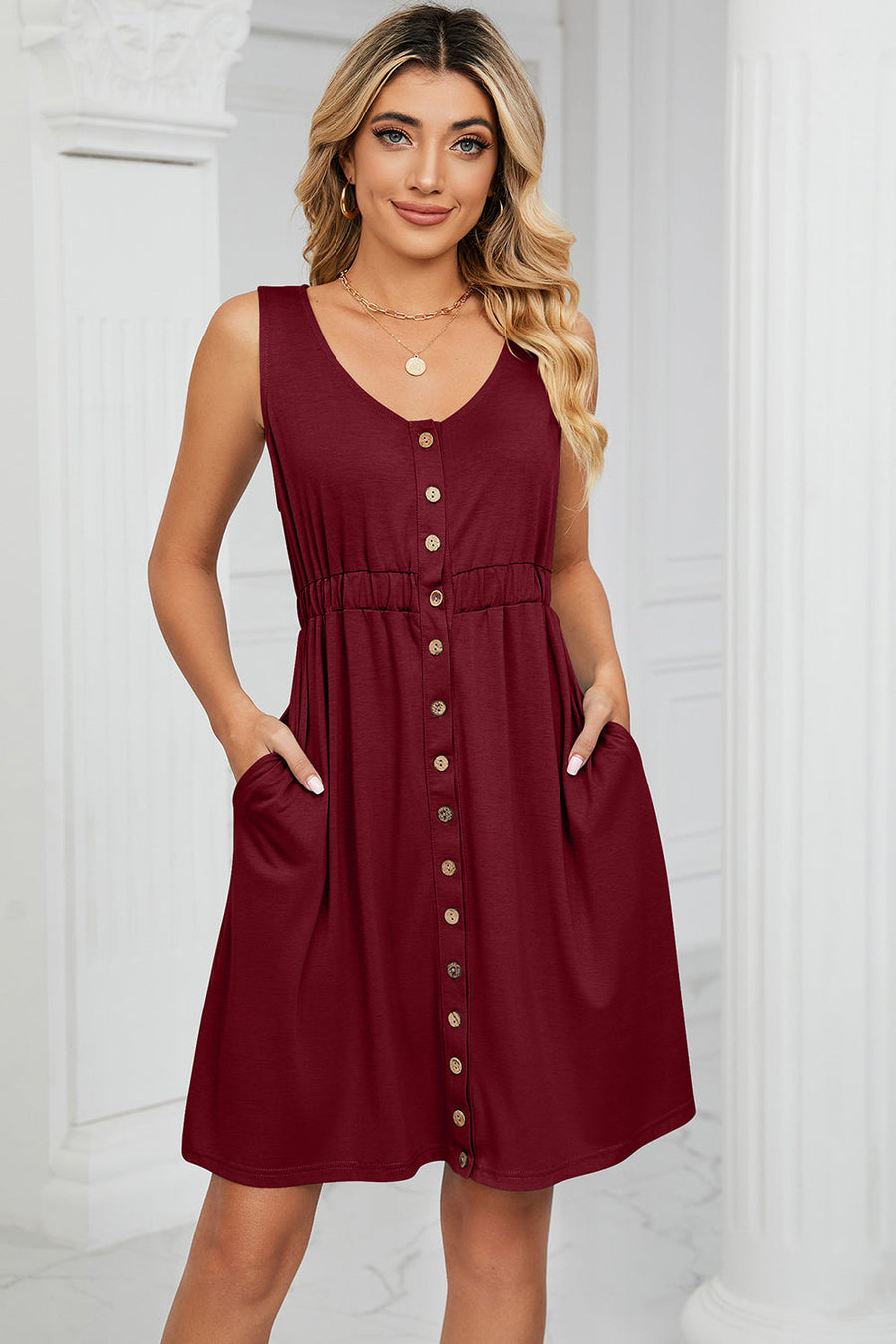 Burgundy button-down a-line summer dress with elastic waist and pockets