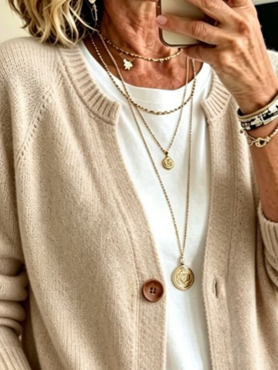 classic cardigan in White with crew neck