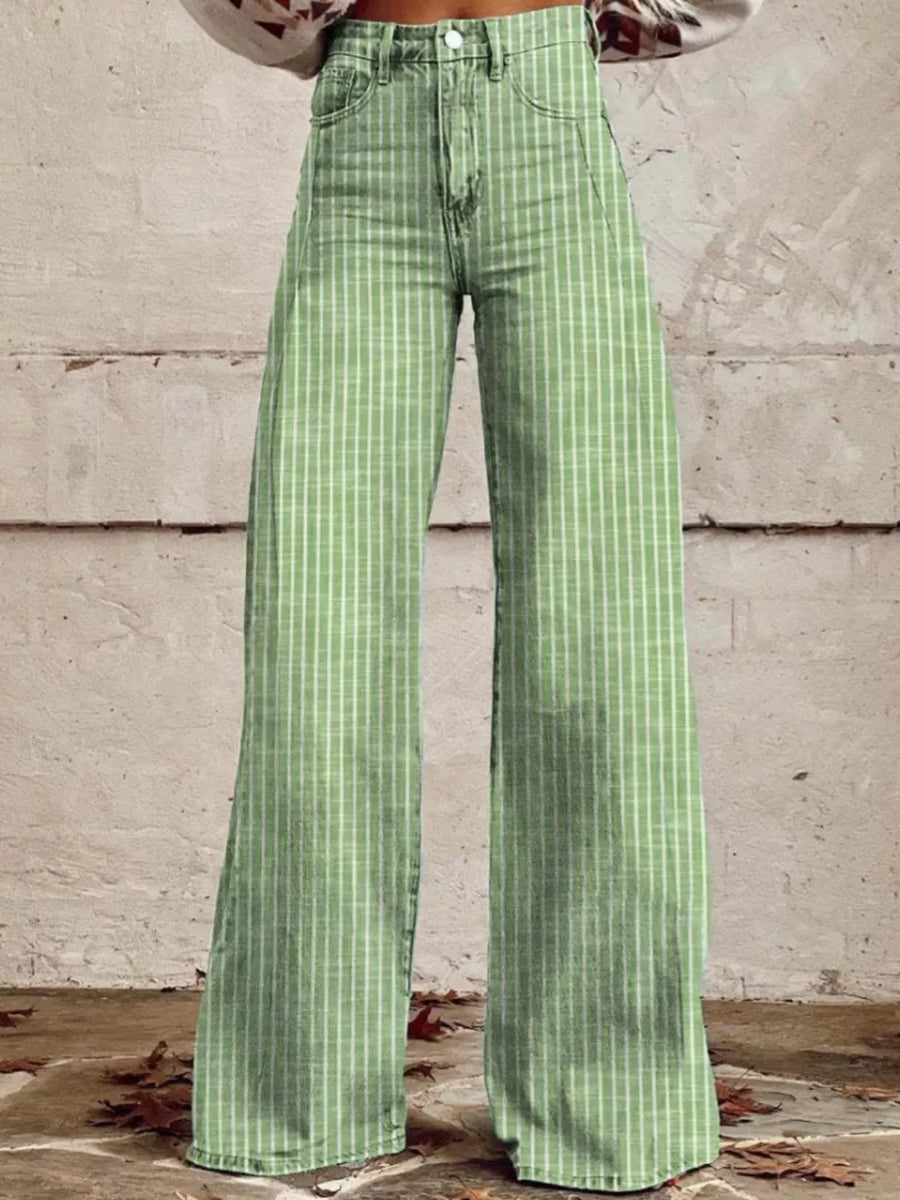Green striped high-waisted wide-leg denim jeans with pockets