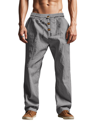 Men's Full Size Drawstring Button-Front Pants in Light Blue with button-front detail