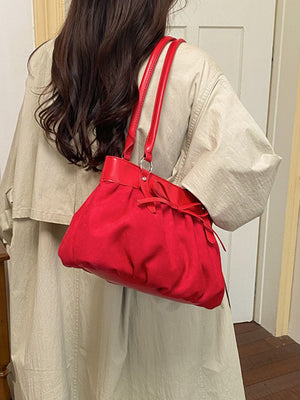 Bow-Decorated Ruched Shoulder Bag in Red with bow detail